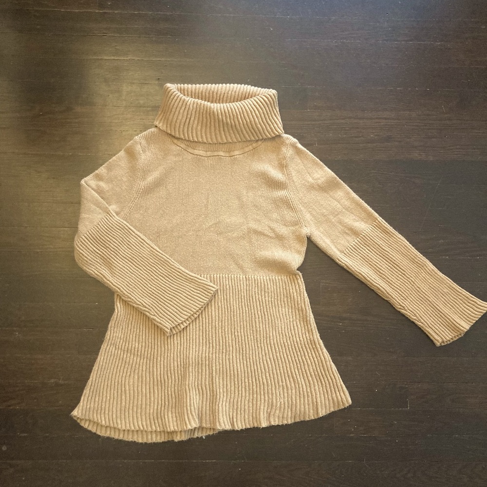 Camel cowl neck Style & Co sweater. Cotton & acrylic blend with ribbed details.